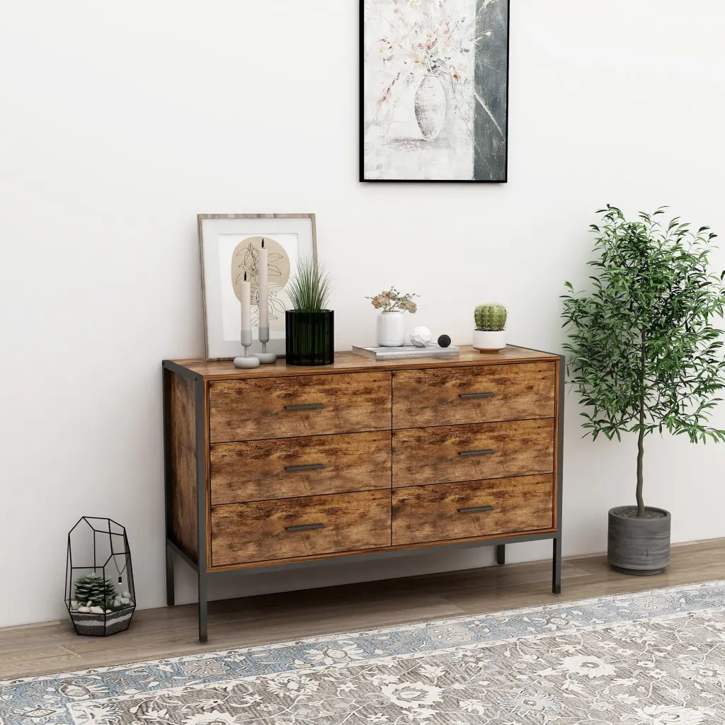 Industrial Style 6 Drawer Double Dresser Rustic Brown Wood Storage Dresser Bedroom w1412 rocci houseware