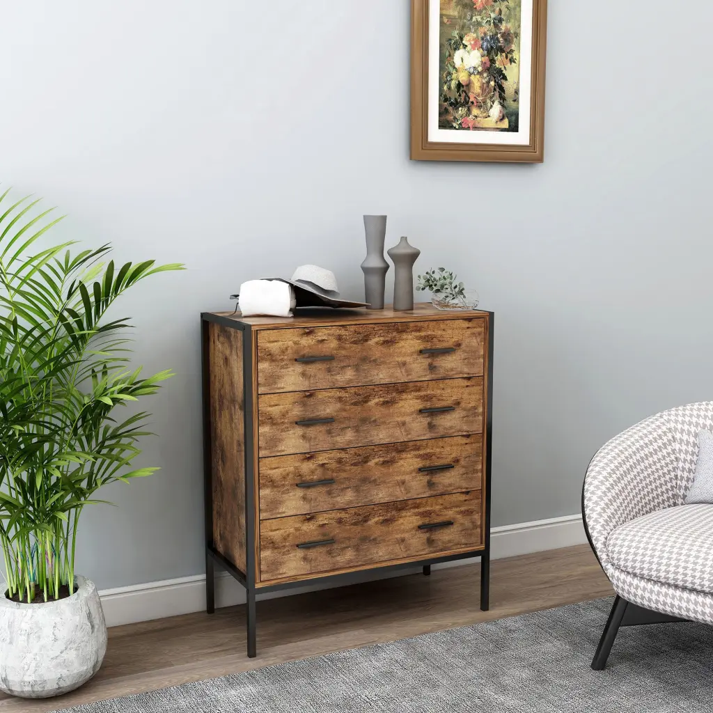 Industrial Style 4 Drawer Dresser Rustic Brown Timber Storage Dresser w1412 rocci houseware
