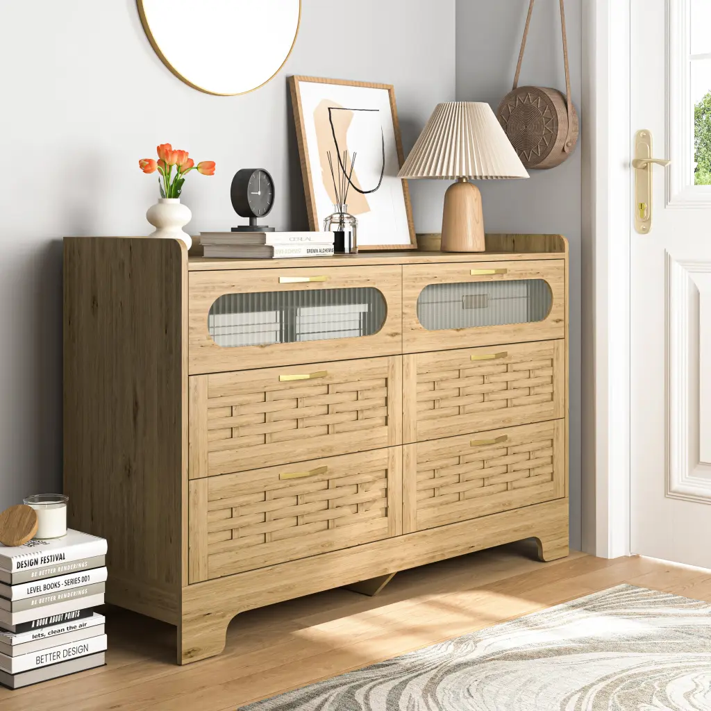 Wood 6 Drawer Dresser Bedroom Large Double Dresser Wide Drawers xiewan