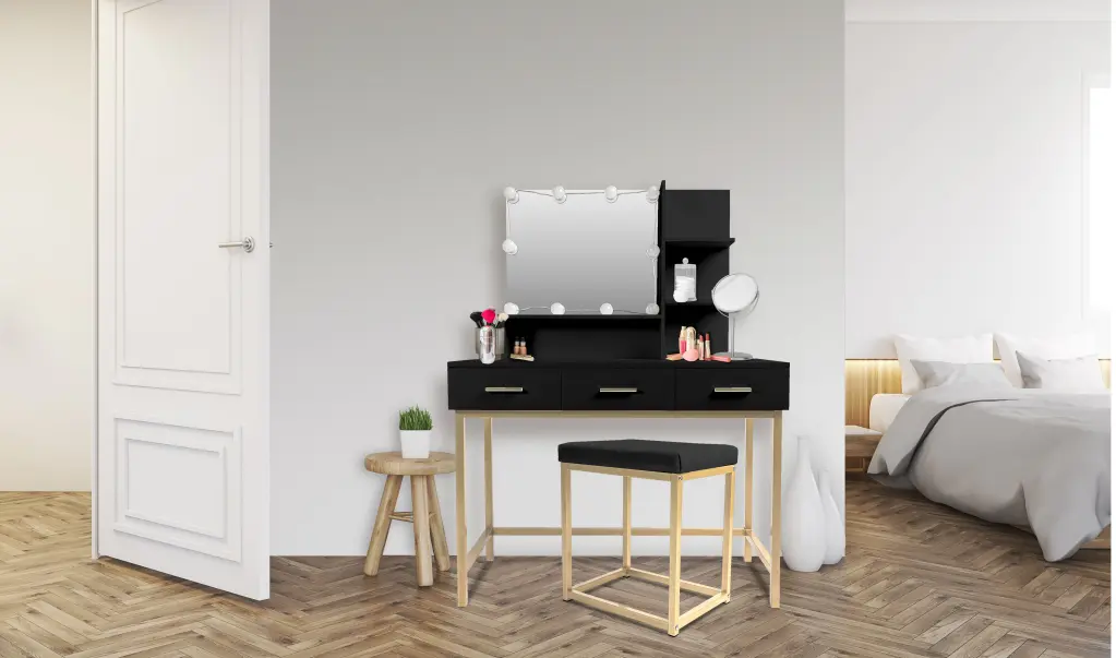 Makeup Vanity Table Adjustable LED Lit Mirror and Upholstered Stool atlantic inc.