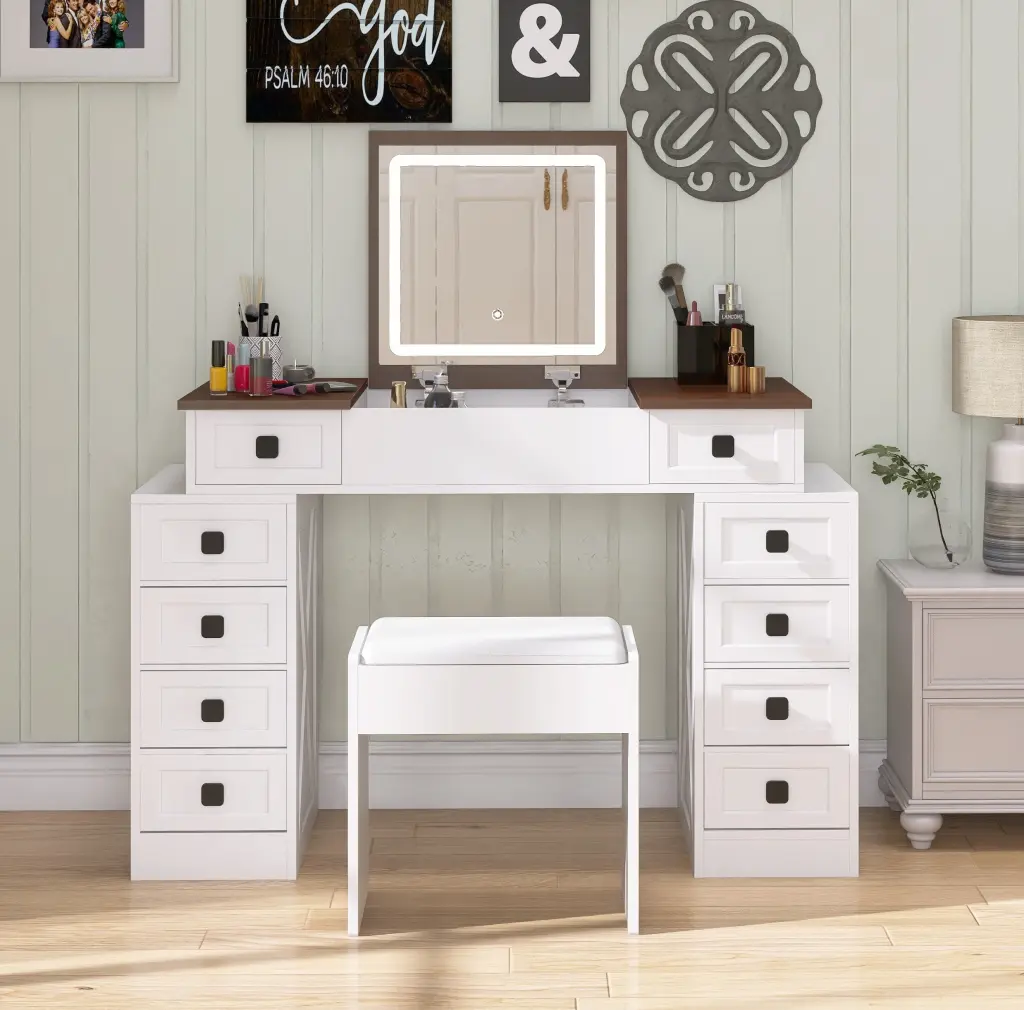 Vanity Desk Dimmable LED Light and 10 Drawers Makeup Table Mirror familyroom furnitures
