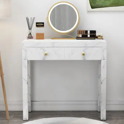 Tempered Glass Marble Texture Dressing Table White Glass Vanity Desk hongsing furniture
