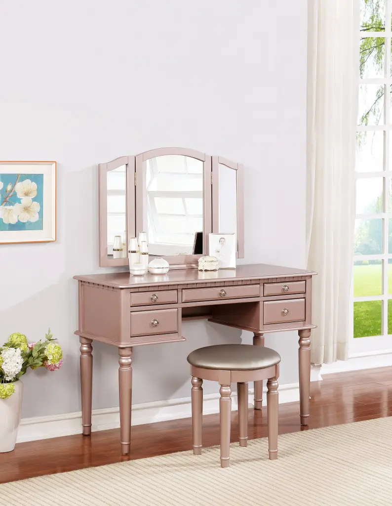 Bedroom Contemporary Vanity Set Collapsible Mirror & Stool - Rose Gold kanepe