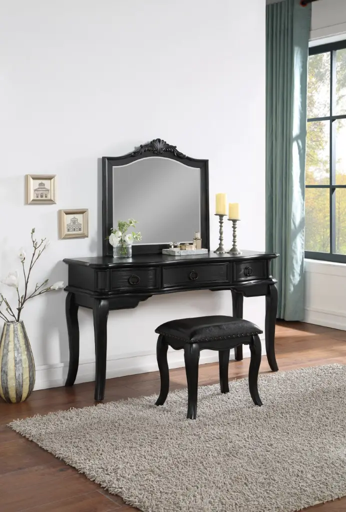 Contemporary Black Vanity Set Stool Retro Style Drawers Cabrio Bedroom kanepe