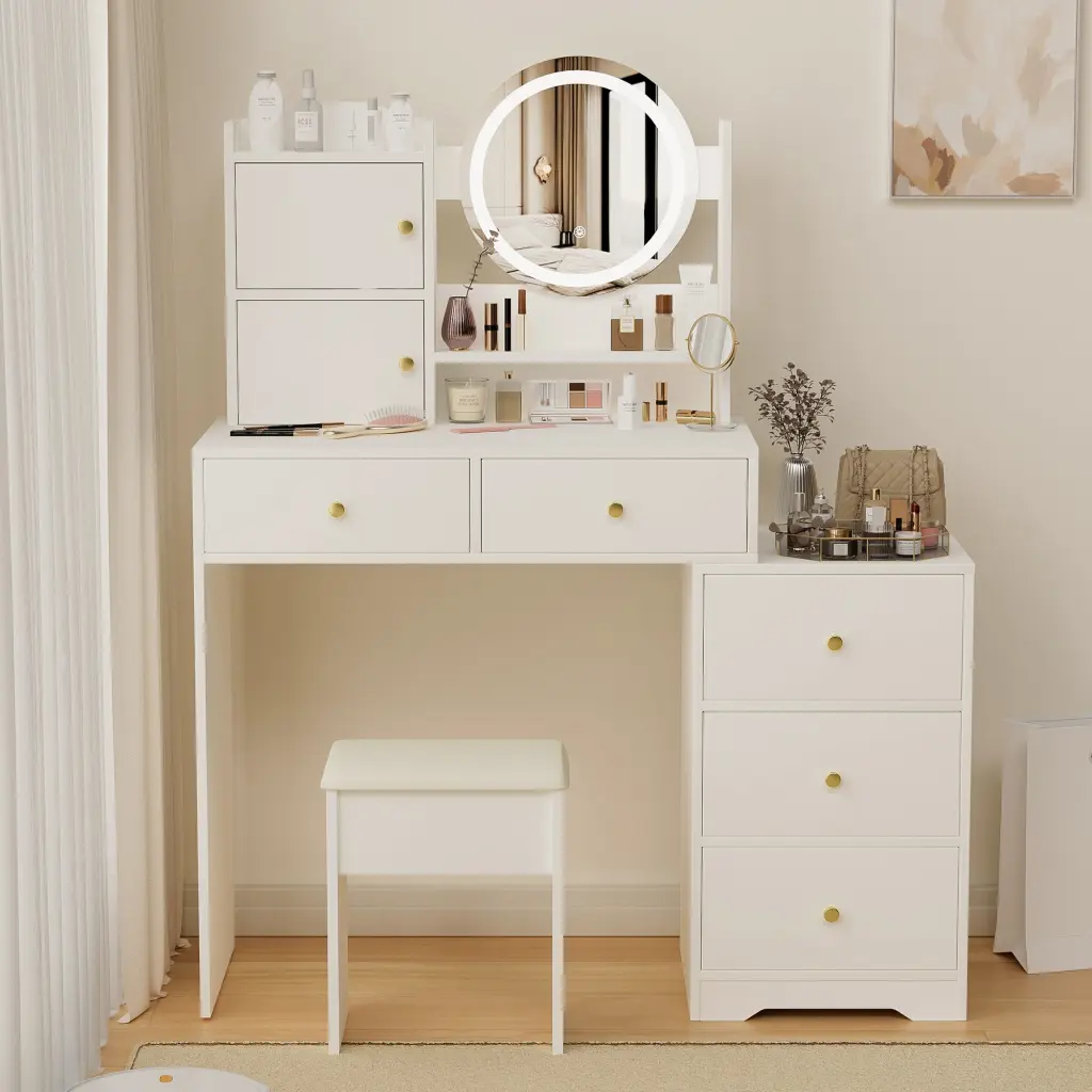 Fashion Vanity Desk Mirror and Lights Makeup and Cushioned Chair leavader