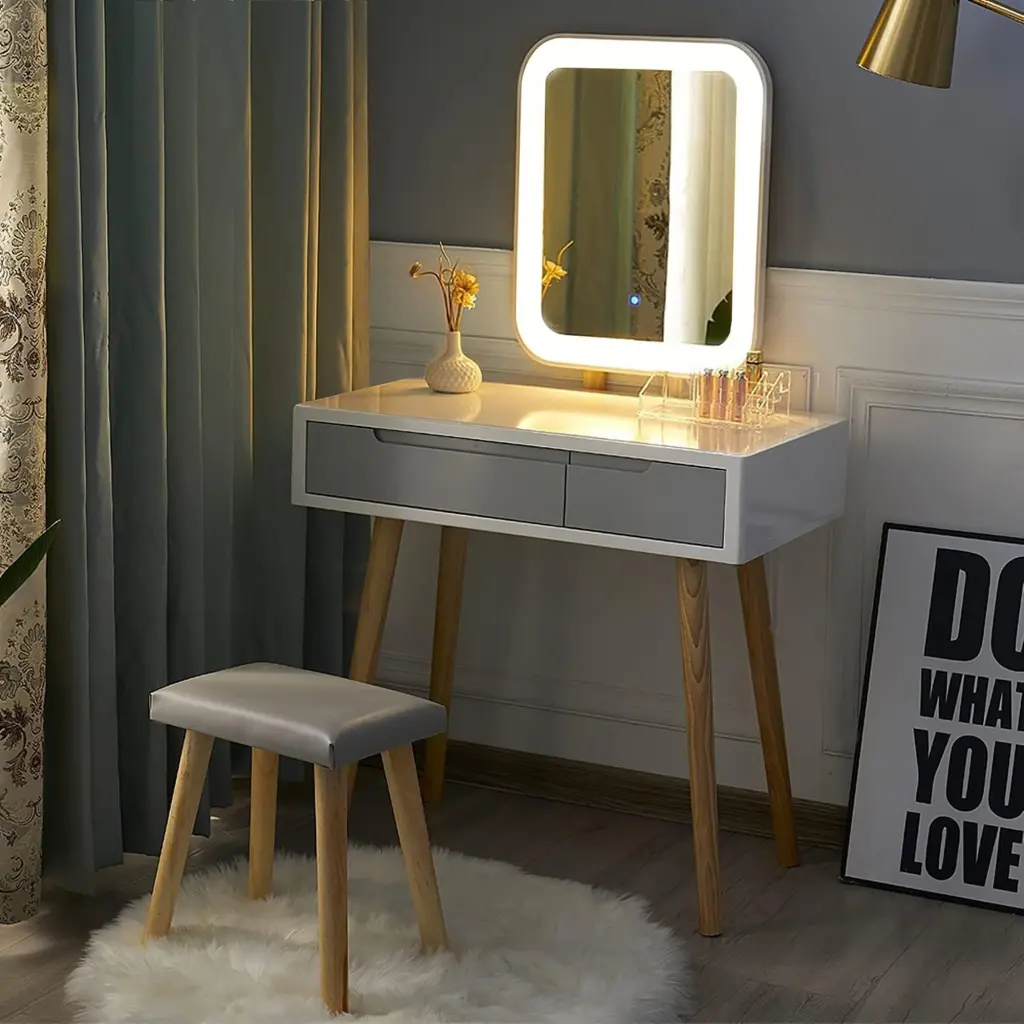 Vanity Table Set Adjustable Brightness Mirror and Cushioned Stool makeup