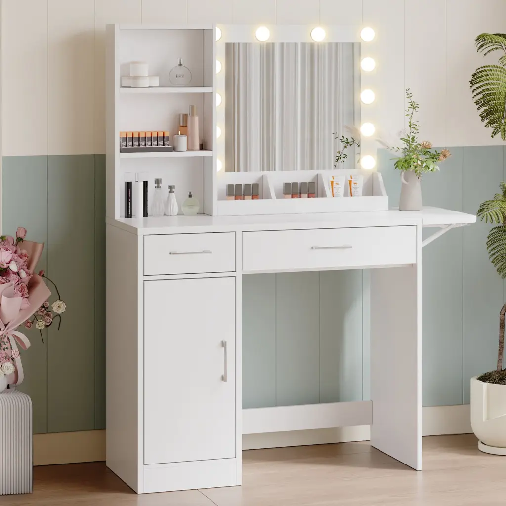 Vanity Desk Drawers and Mirror LED Lights Makeup and Dressing mirrotowel