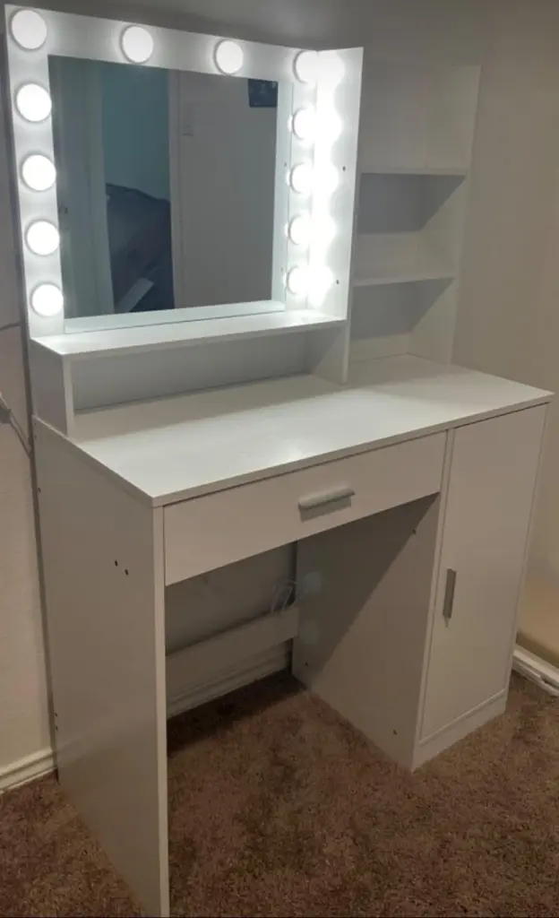 Vanity Desk Mirror & Light Large Drawer Three Level Storage mirrotowel