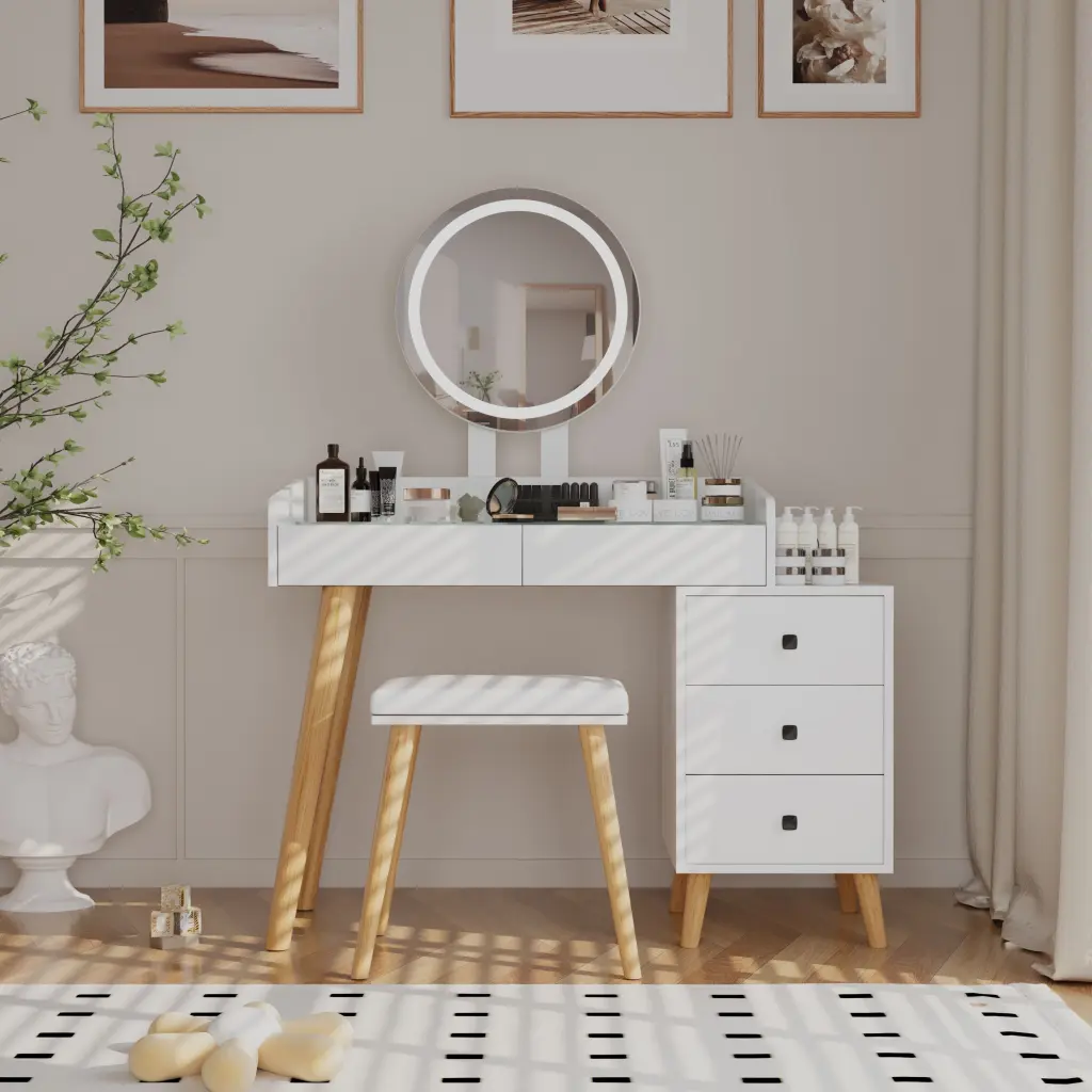 Dressing Table LED Lights Glass Top Extendable Makeup Vanity rd wood store