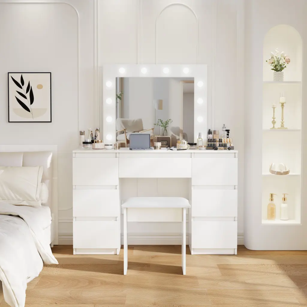 Large White Vanity Table Mirror and Light Matte Finish rd wood store