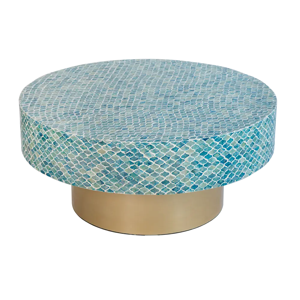 35x35x16 Inch Unique Hyperion Capiz Inlay Drum Coffee Table Precious Metal Pedestal w2078