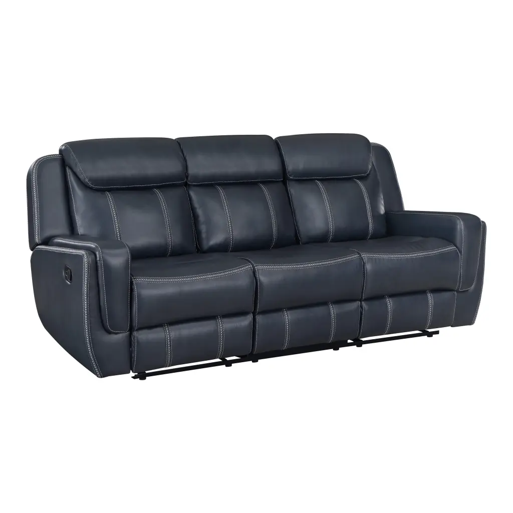Modern Blue Dual Reclining Sofa Center Drop Down Cup Holders Faux Leather kanepe