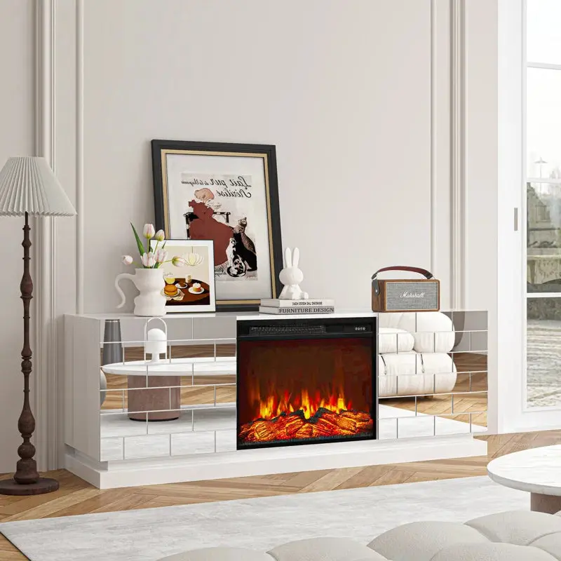 Mirrored Finish Media Console Electric Fireplace Living Room glam furniture