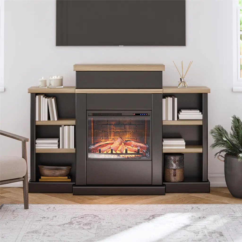 Ameriwood Home Grandview Electric Fireplace Mantel and Bookcase Black and Natural