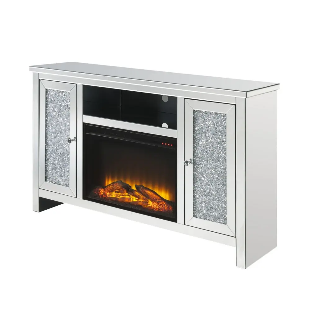TV Stand Electric Fireplace and Acrylic Faux Diamond - Silver Modern Media Console Convenience Concepts