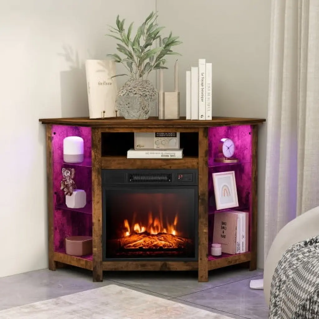 Rustic Brown Smart Fireplace Corner TV Stand LED Lights 50 Inch TVs CostwayINC