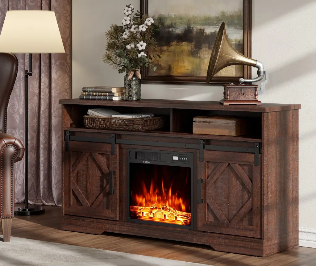 Farmhouse Wood Electric Fireplace TV Stand 65 Inch TVs Sliding Barn Doors and Storage Brown FITUEYES