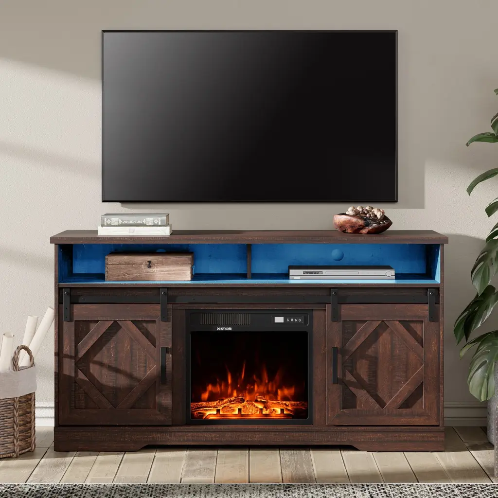 Farmhouse Wood Electric Fireplace TV Stand 65 Inch TVs Sliding Barn Doors and Storage Brown FITUEYES