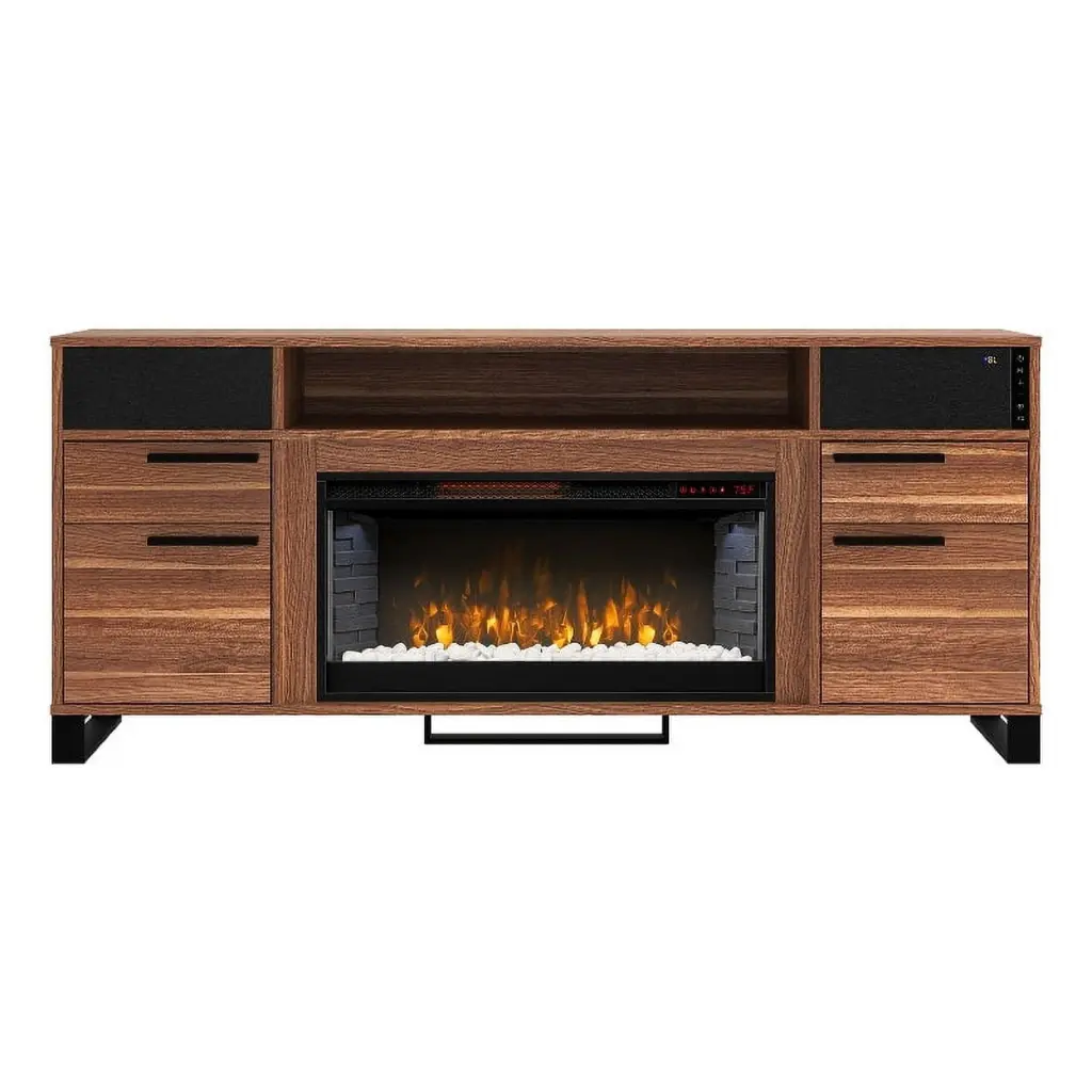 Redmond 60 Inch Electric Fireplace TV Stand Sound System Walnut Finish Greentouch Home