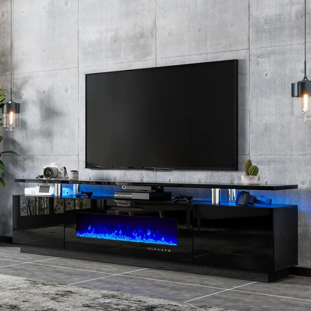 80 Inch Fireplace TV Stand Modern High Gloss Media Console 40 Electric Fireplace and LED Lights Black Puapli
