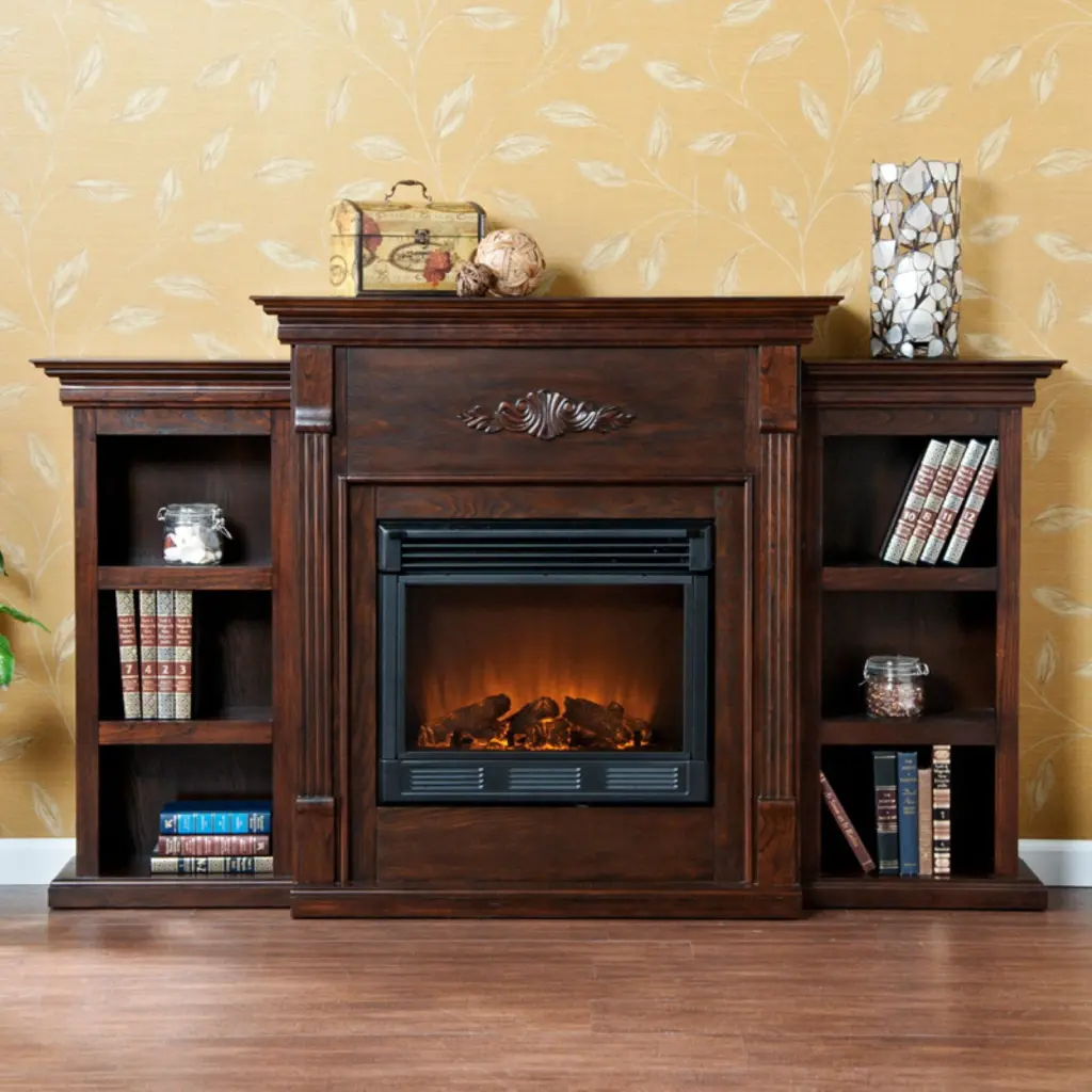 SEI Furniture Fredricksburg Black Wood Electric Fireplace TV Stand Bookcases Southern Enterprises