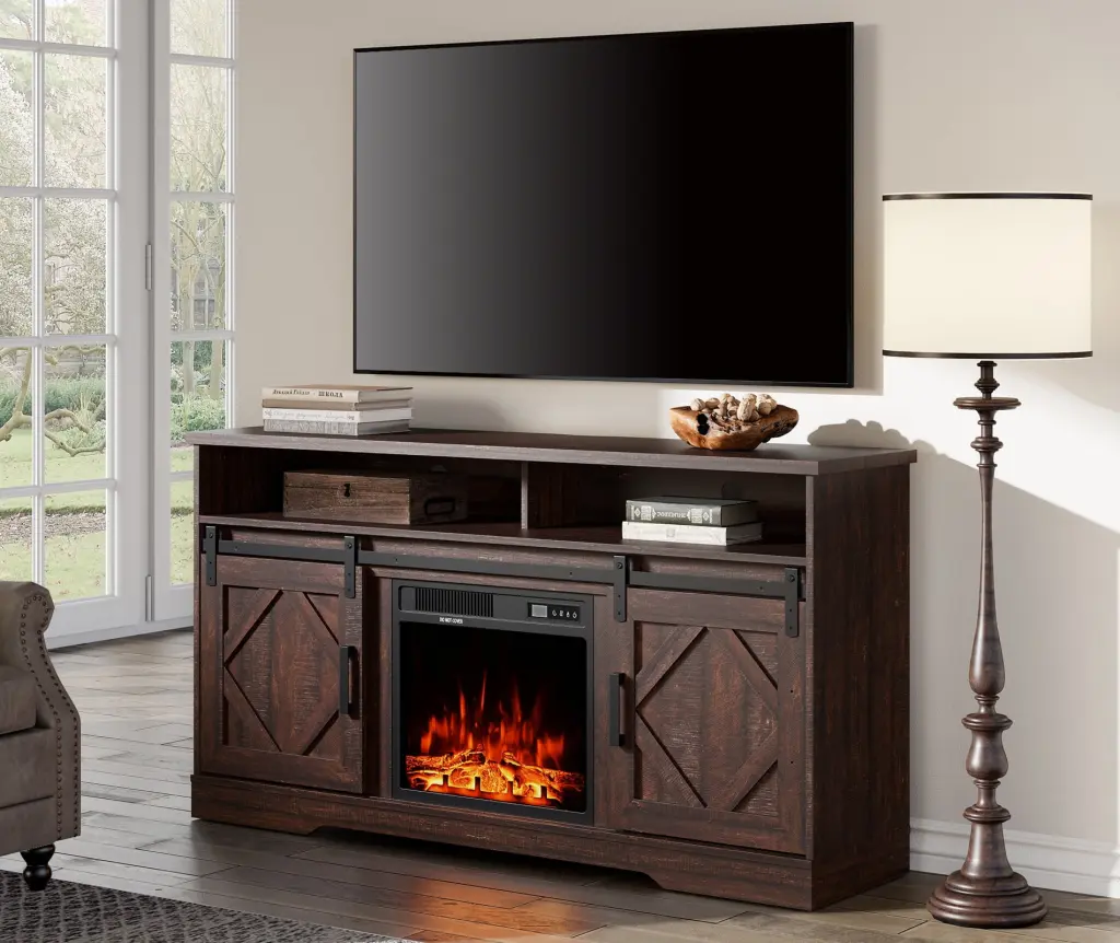 WAMPAT Farmhouse Electric Fireplace TV Stand 65 Inch TVs Sliding Barn Doors and Storage Reddish Brown
