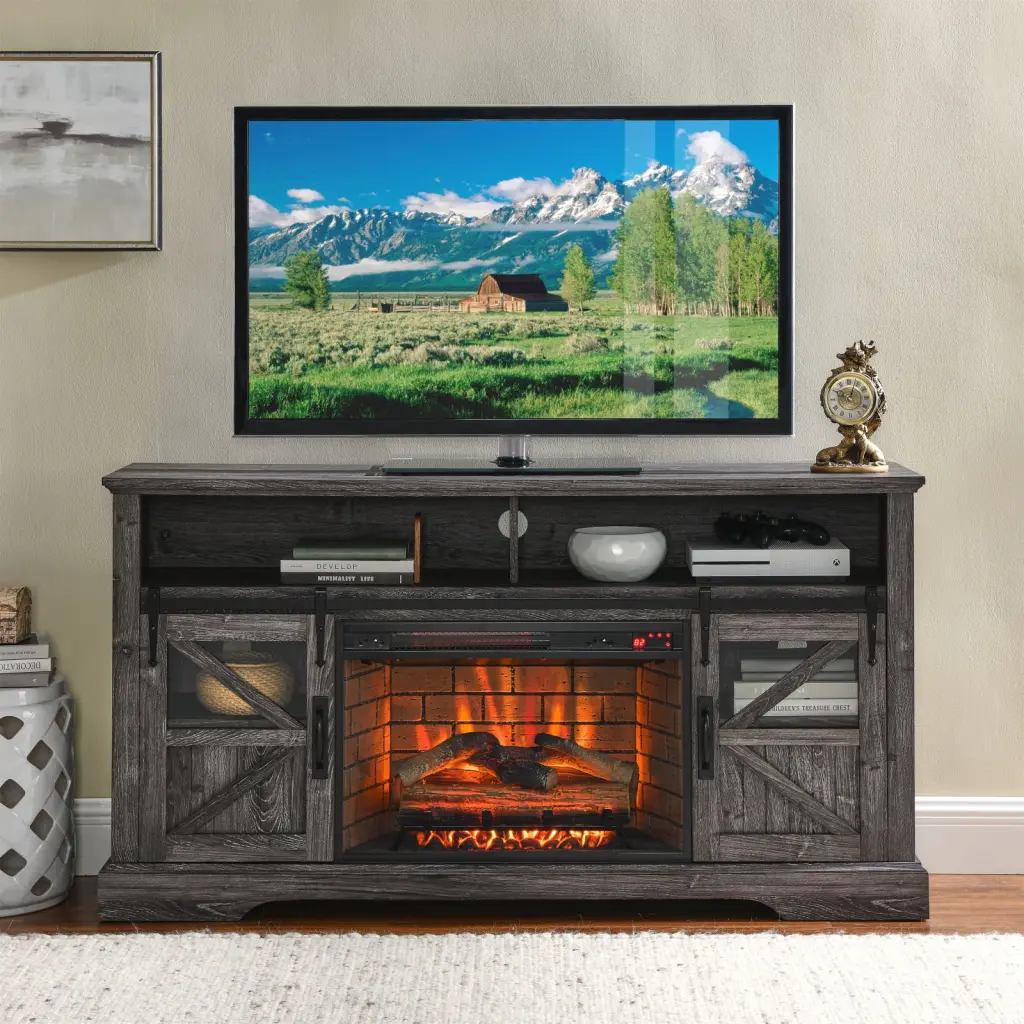 60 Inch Dark Rustic Oak Electric Fireplace Entertainment Center Farmhouse Style Door Sensor TVs up to 70 Inches Wodine