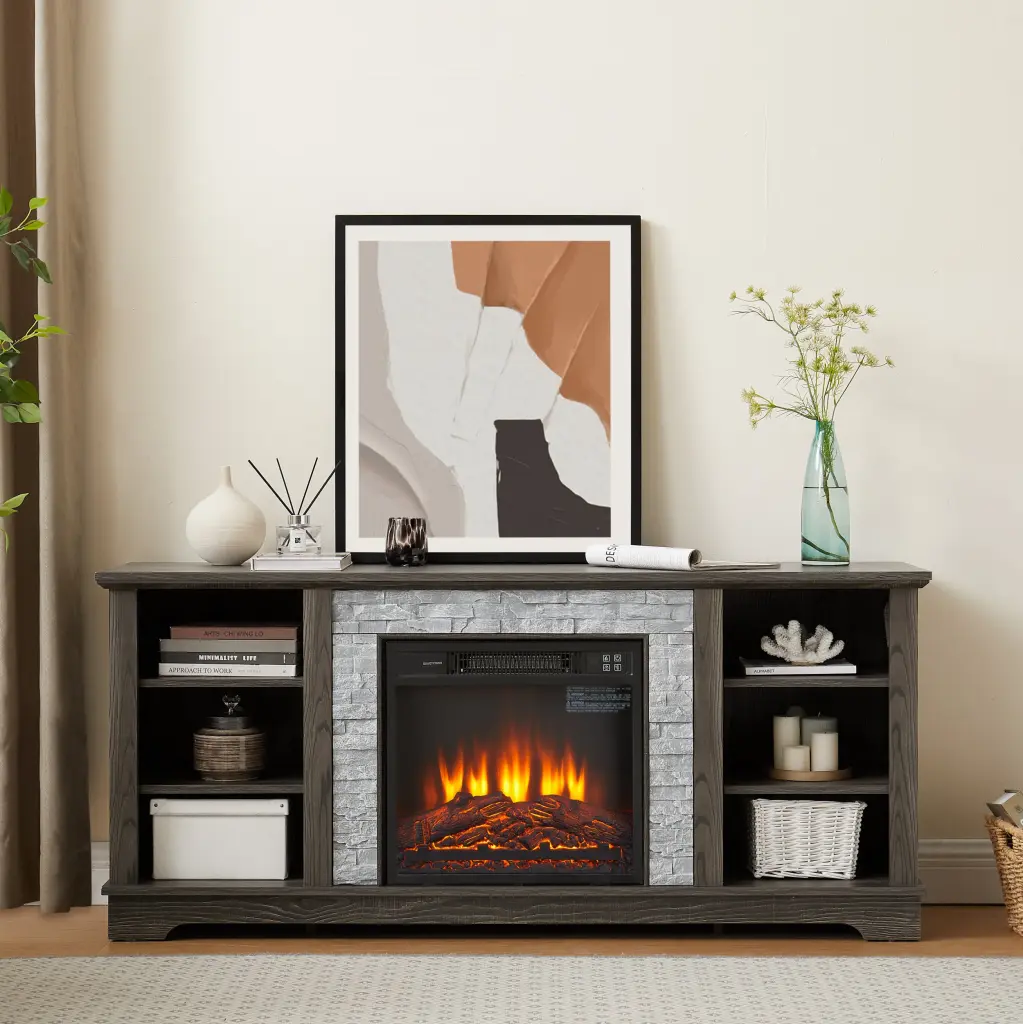 Mantel Electric Fireplace Stone TV Media Stand Faux Stacked Stone Design yilong furniture