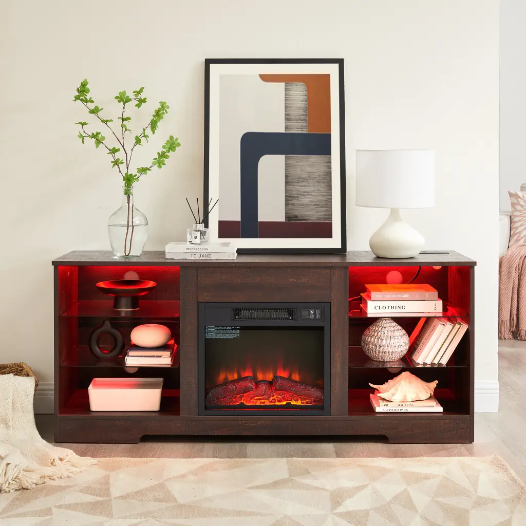 TV Stand Electric Fireplace Glass Shelves 3D Fireplace TV Stand yilong furniture