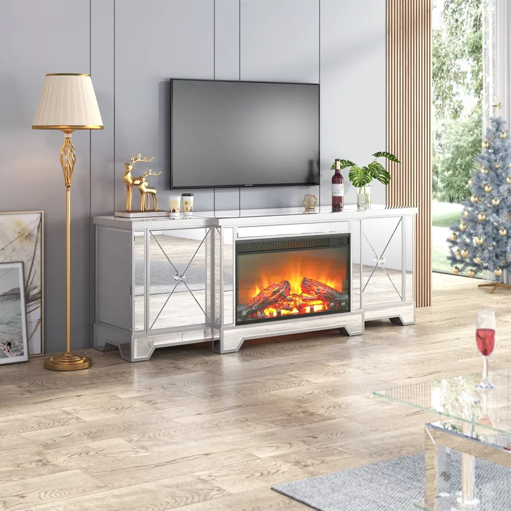 ZAFLY TV Stand 65+ Inch TV Mirrored Electric Fireplace TV Stand 3D Flame Effect