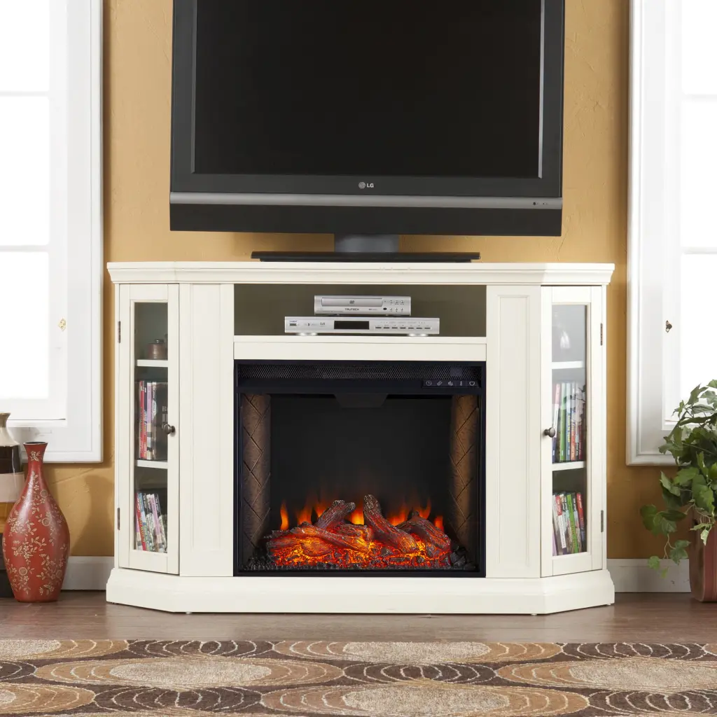 SEI Furniture Claremont Smart Corner Fireplace Storage Ivory 48 x 32.25 Inches