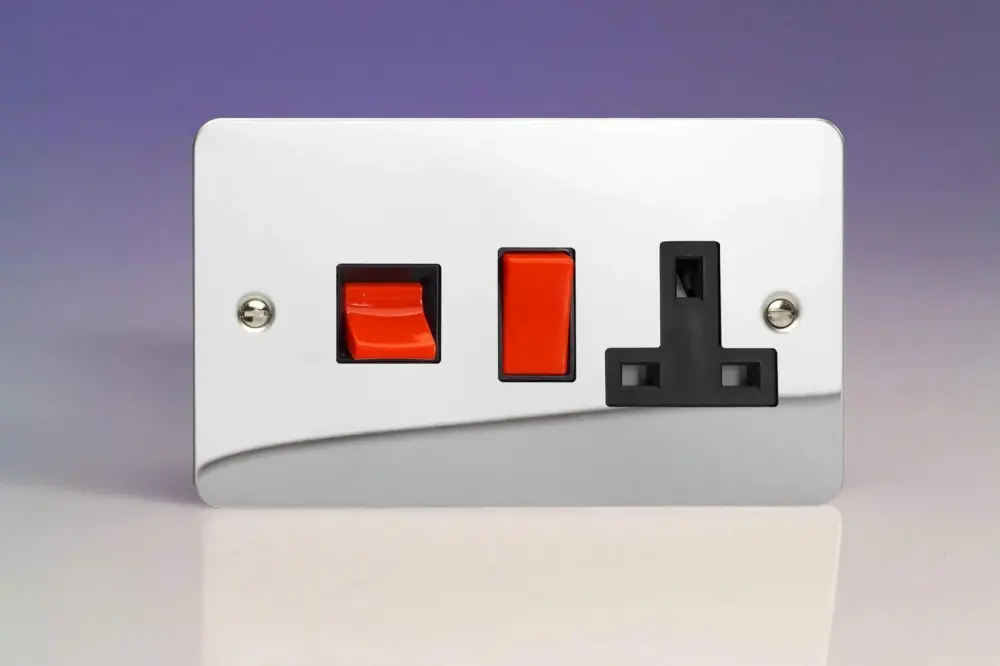 Varilight 45A Cooker Panel 13A Double Pole Switched Plug Socket Outlet ruby Rocker) Polished Chrome XFC45PB