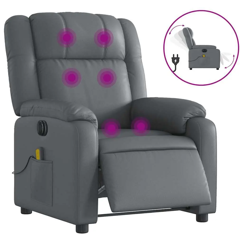 Electric Massage Recliner Chair Gray Faux Leather Lumbar Support