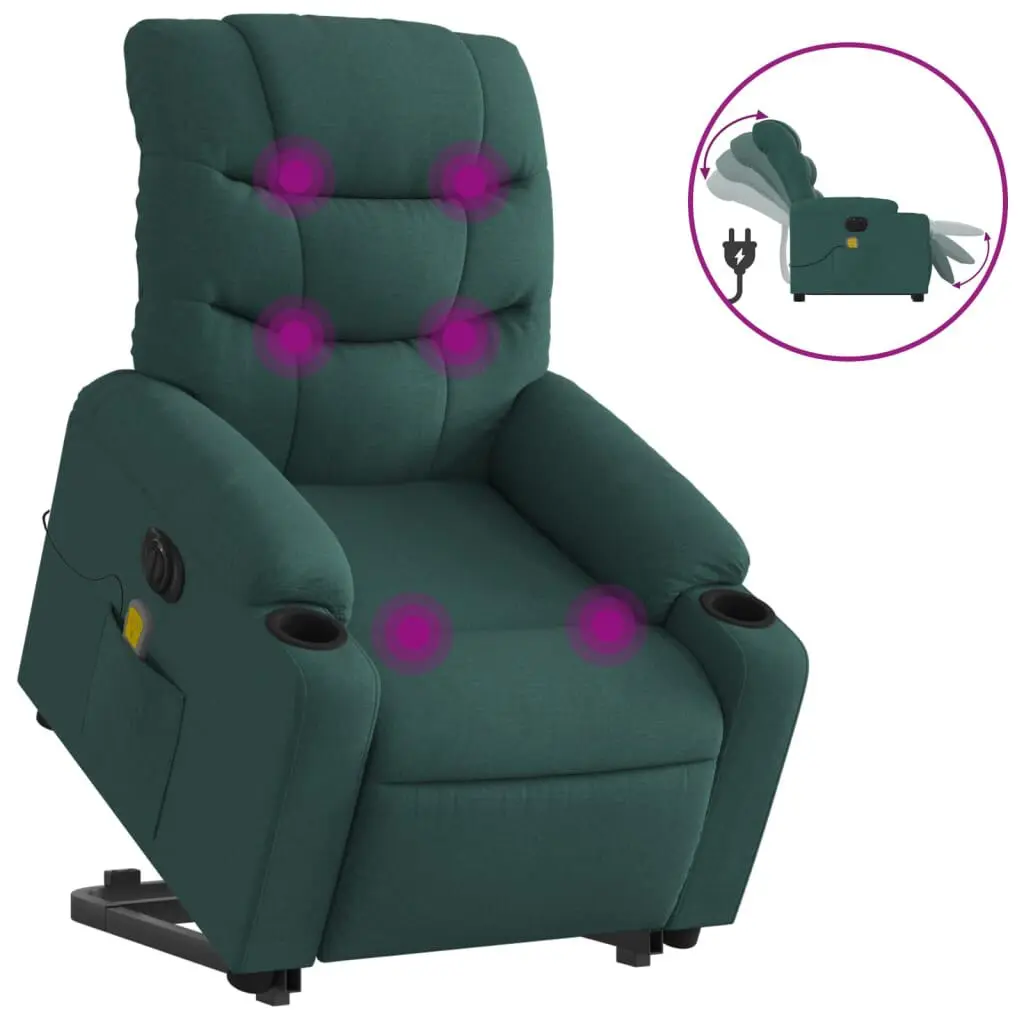 Electric Stand Up Massage Recliner Chair Dark Green Fabric Wall Hugger Design