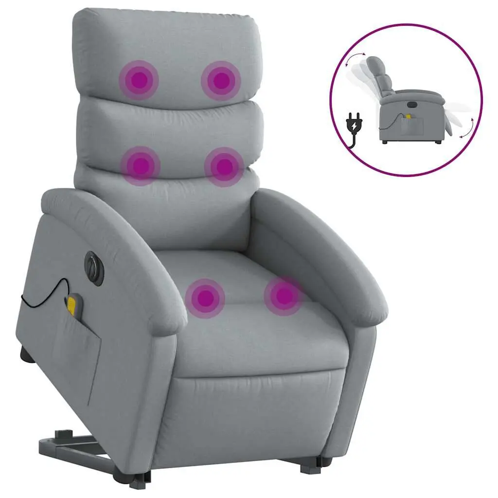 Electric Stand Up Massage Recliner Chair Light Gray Fabric Cup Holders