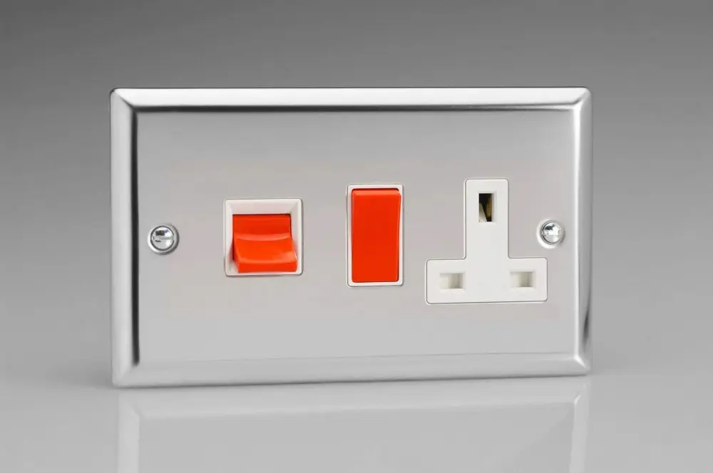 Varilight Classic Shiny Chrome 45 Amp Cooker Switch and 13 Amp Switched Plug Socket White Insert XC45PW
