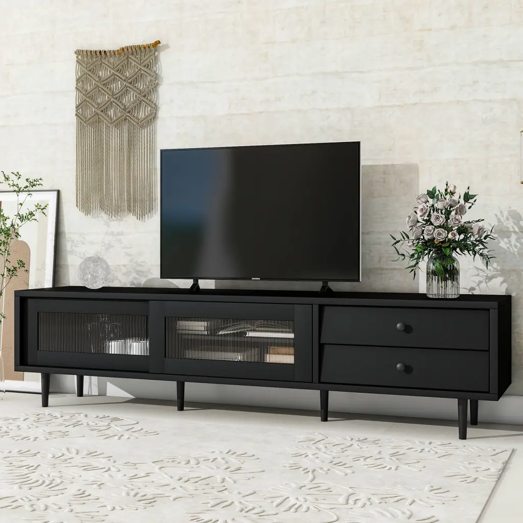 MISSUNNY Elegant Black TV Stand Sliding Fluted Glass Doors and Slanted Drawers TVs up to 75 Inches