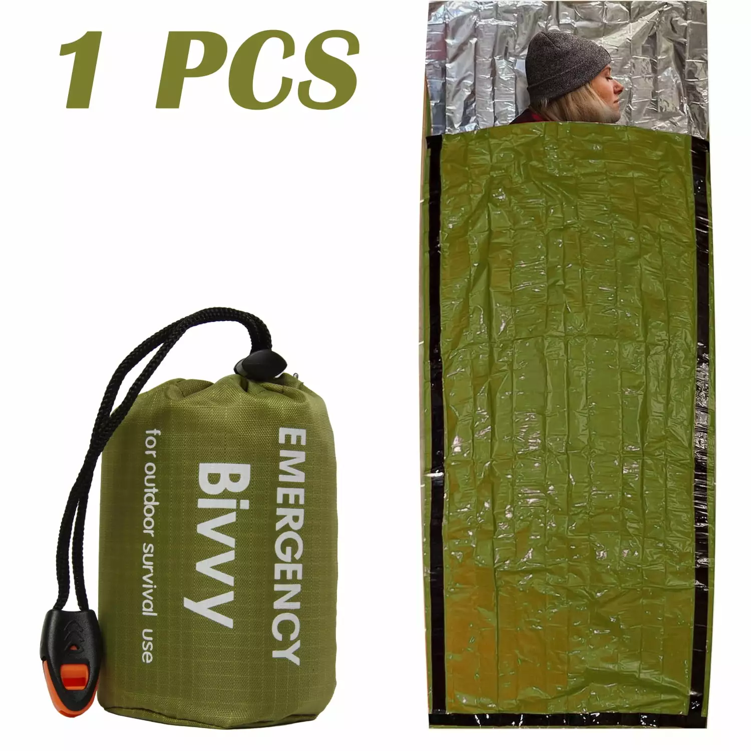 Emergency Sleeping Bag Survival Bivy Sack - Portable Thermal Blanket Outdoor Camping Ultralight Gear Green