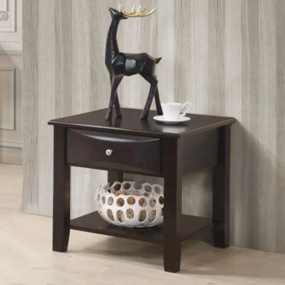 Hassch Wood End Desk - Small Side Table Drawer and 2-Tiers Design Espresso