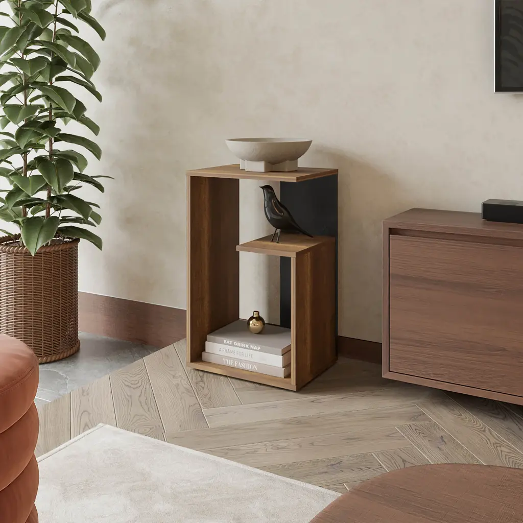Vega Side Table Melamine Open Storage Walnut Black Finish fm furniture