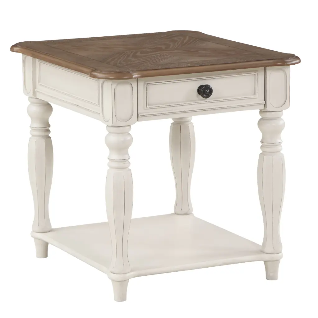 Oak and Antique White 1 Drawer End Table Shelf Living Room furniture max