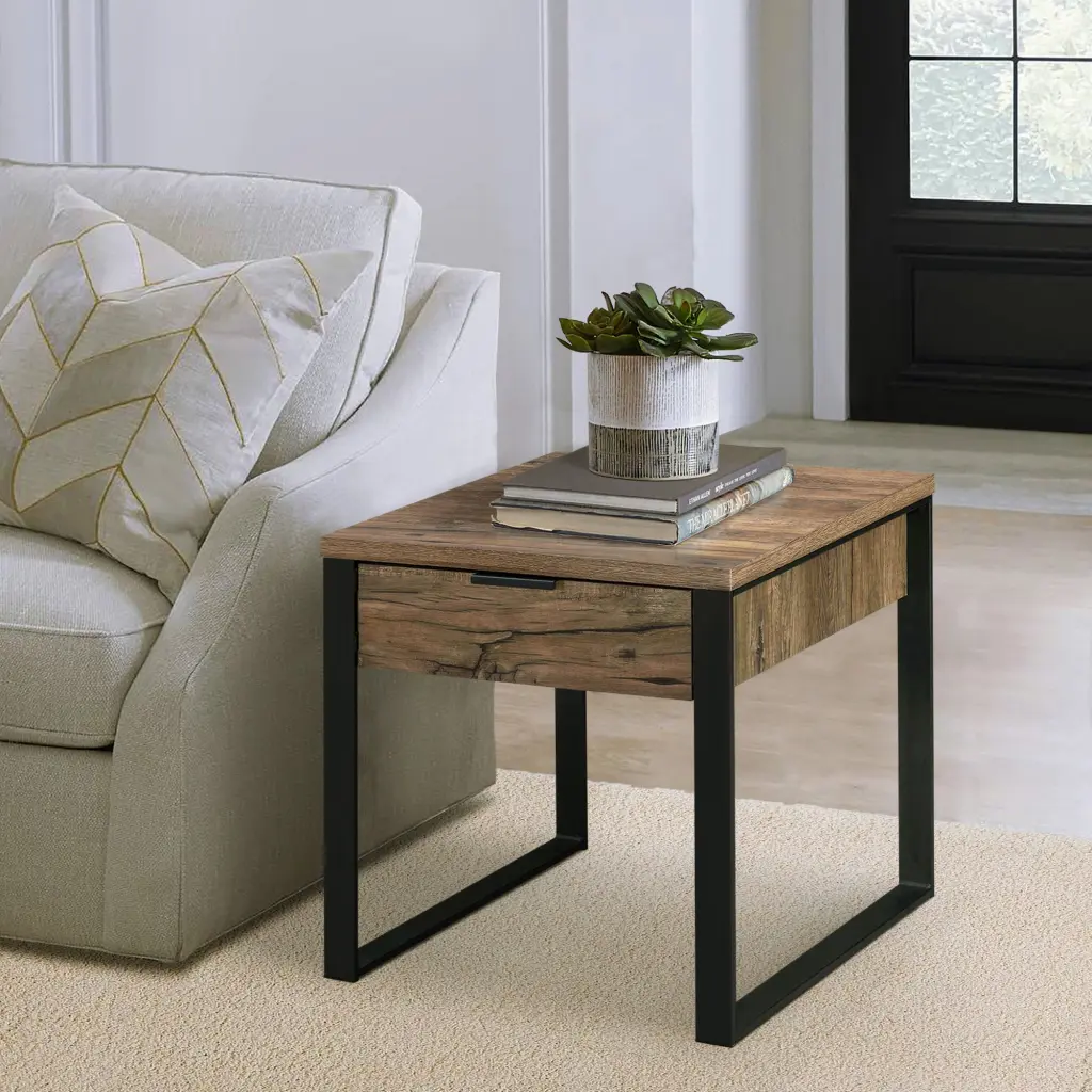 Weathered Oak and Black End Table Drawer - Stylish Primary Living Room Accent furniture max