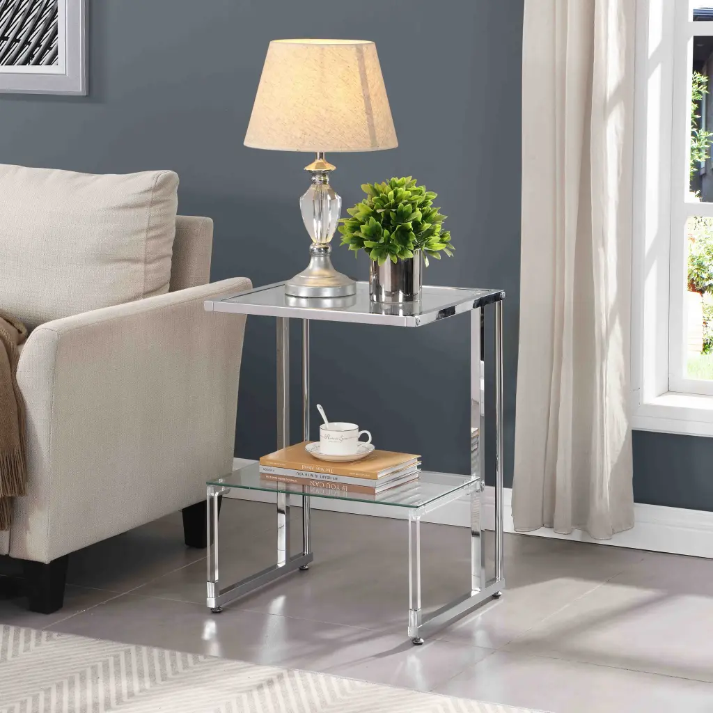 Shiny Metal Chrome Side Table 2 Tier Acrylic Crystal End Table Living Room ghn
