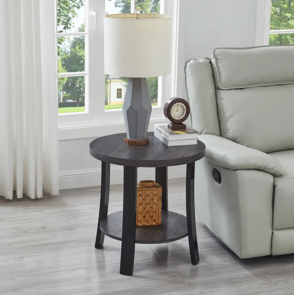 Anze Contemporary Round Timber Shelf End Table Charcoal Finish hz
