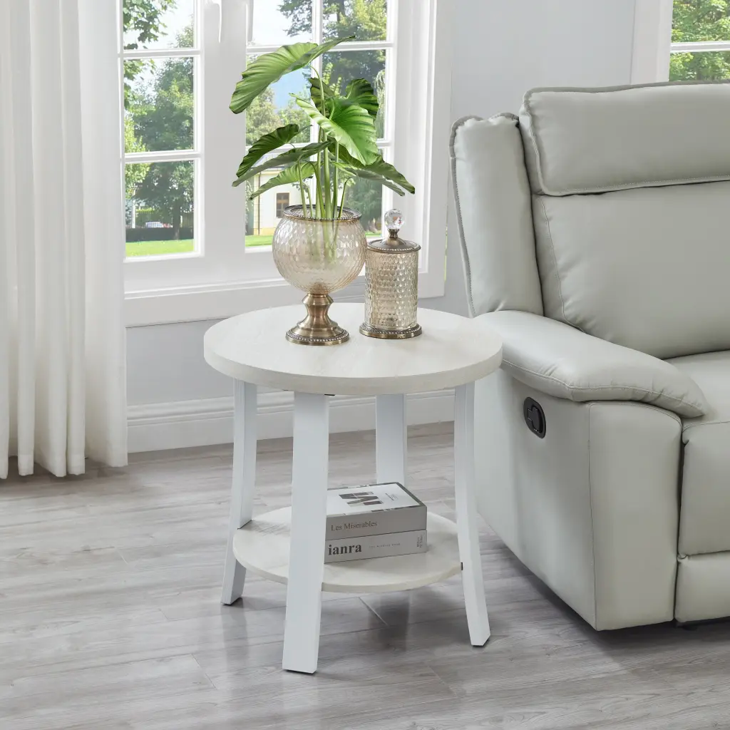 Anze Contemporary Round Timber Shelf End Table White Finish hz
