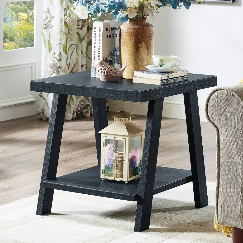 Athens Contemporary Replicated Wood Shelf End Table Black Finish hz