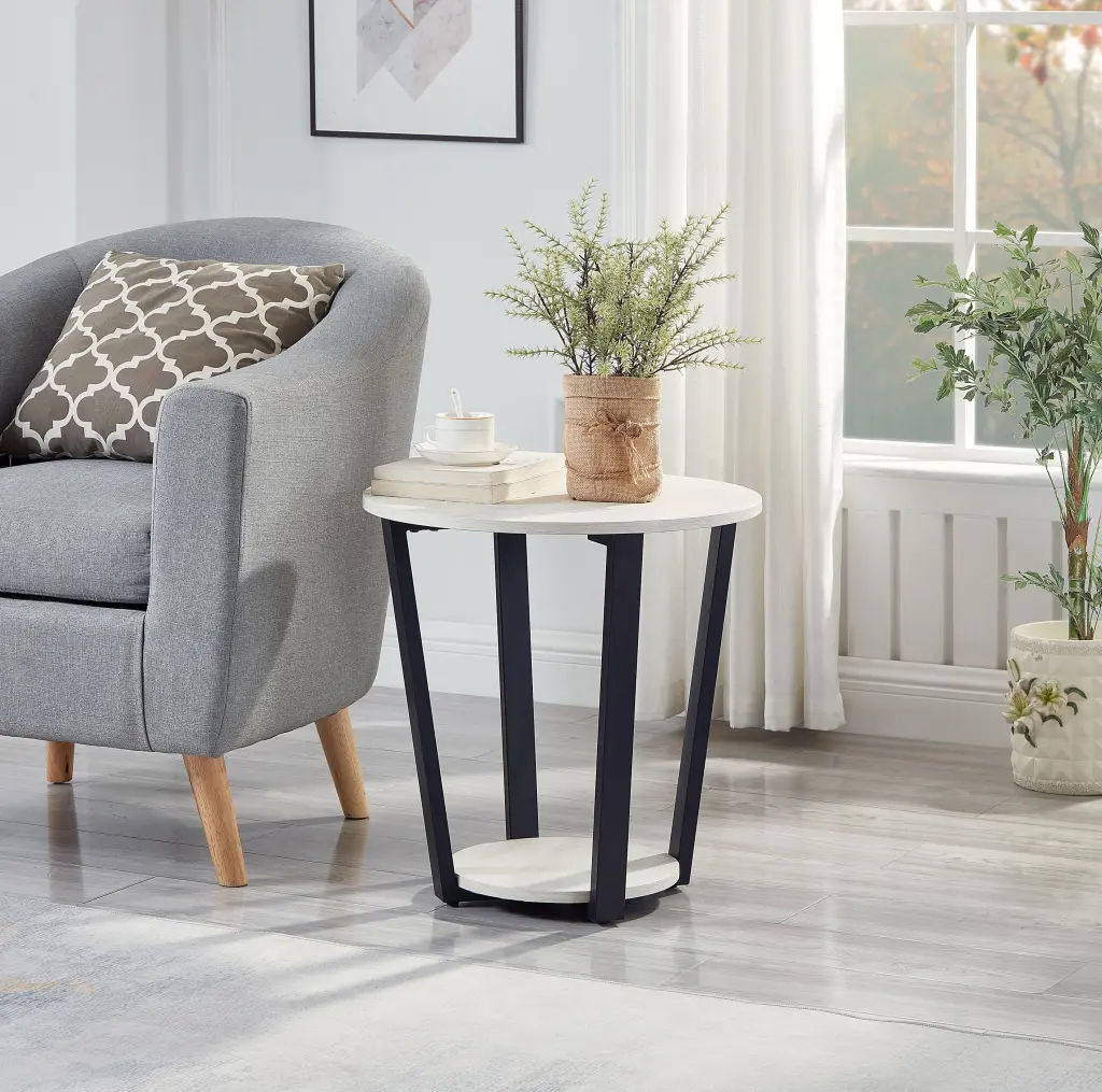 Elysian Contemporary Round End Table Shelf Off White Living Room hz