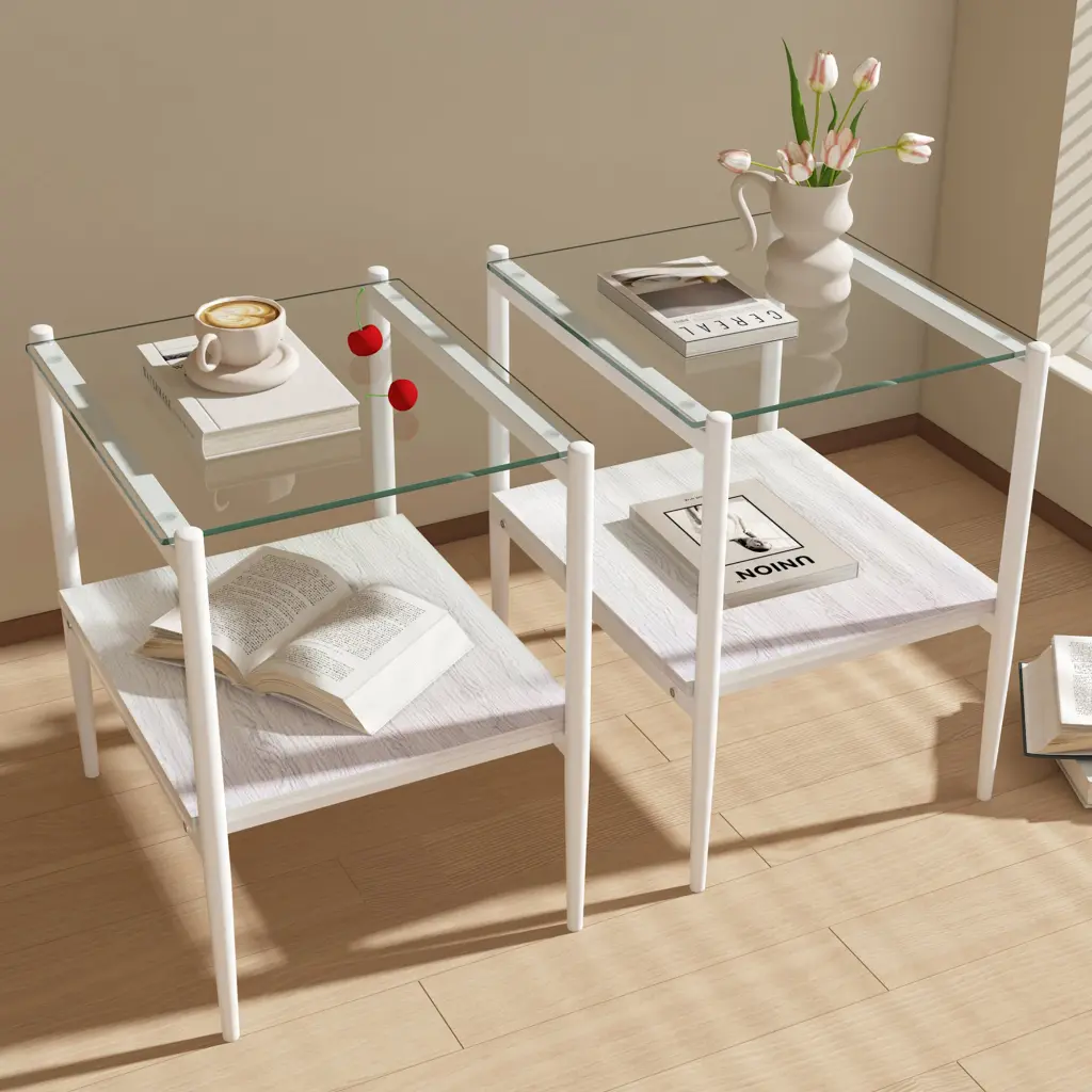 Set 2 Rectangle End Tables Tempered Crystal Tabletop and MDF Layer jws-w241