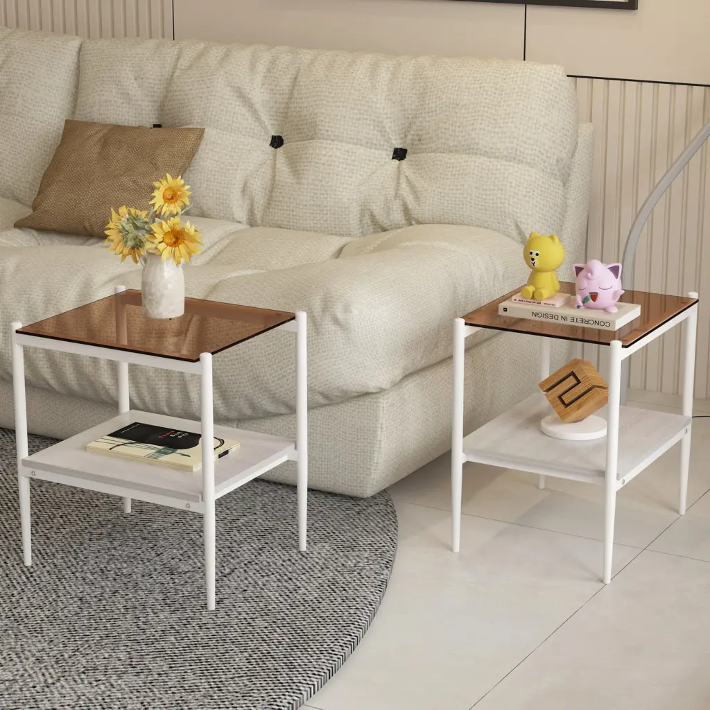Set 2 Rectangle End Tables Tempered Glass MDF Layer Modern Living Room jws-w241