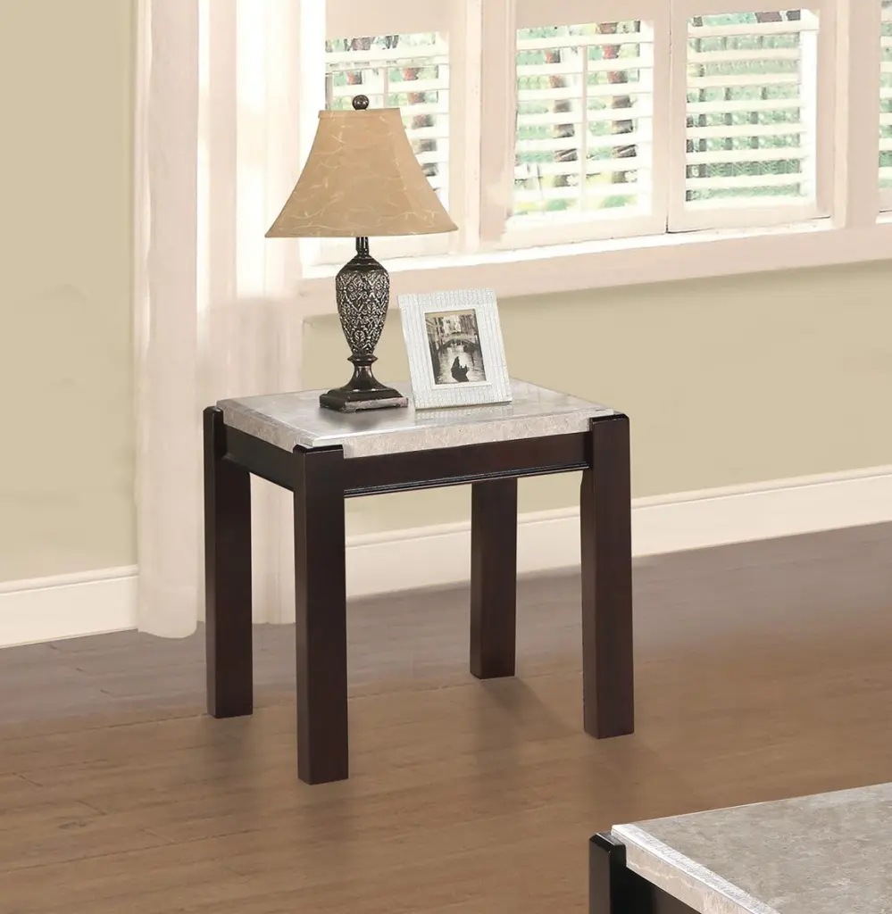Authentic Stone Top End Table Dark Cherry Finish Timber Frame Contemporary Design kanepe